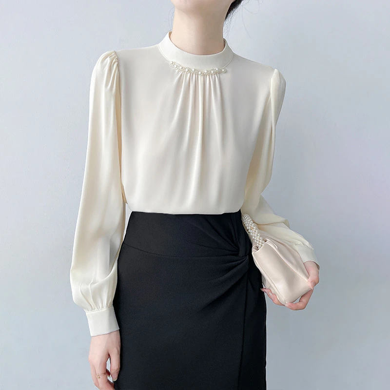 2025职业通勤纯色衬衫女秋装新款长袖气质教资面试穿搭缎面上衣