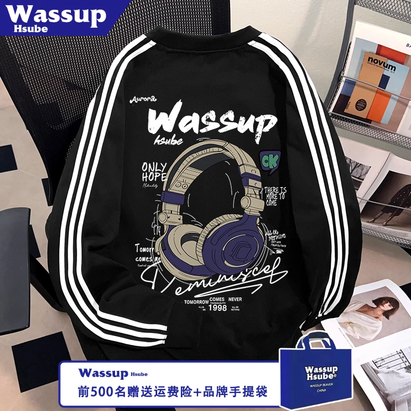 WASSUP HSUBE炫酷耳机印花上衣ins100%棉三条杠长袖秋冬季男女T恤