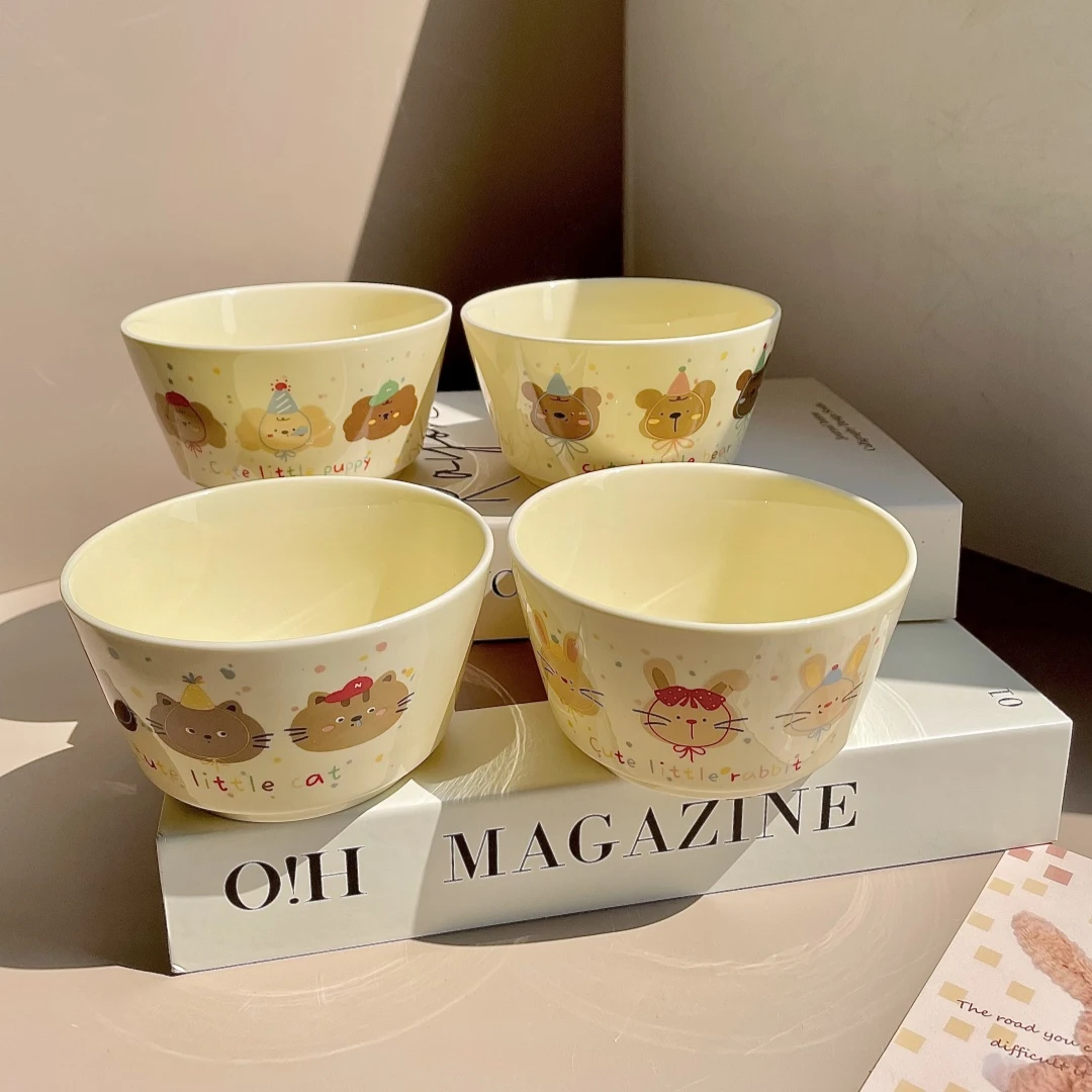 可爱INS风卡通图案家用学生饭碗大容量饭碗手绘陶瓷卡通甜品碗