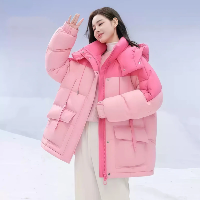 中长款棉服女2025年冬季新款时尚休闲显瘦蓬松韩系拼色保暖外套