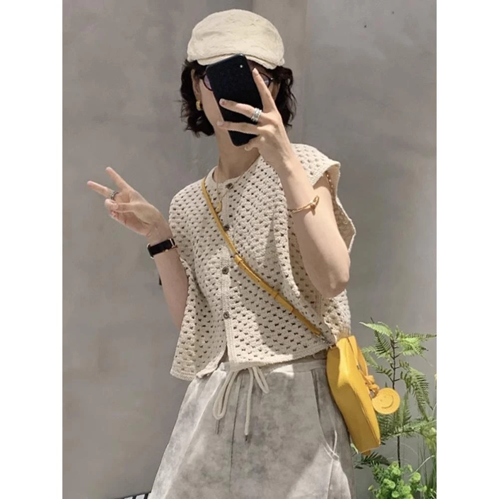 【骆小姐私服】2025夏新款镂空钩花温柔风针织开衫马甲高级百搭上衣