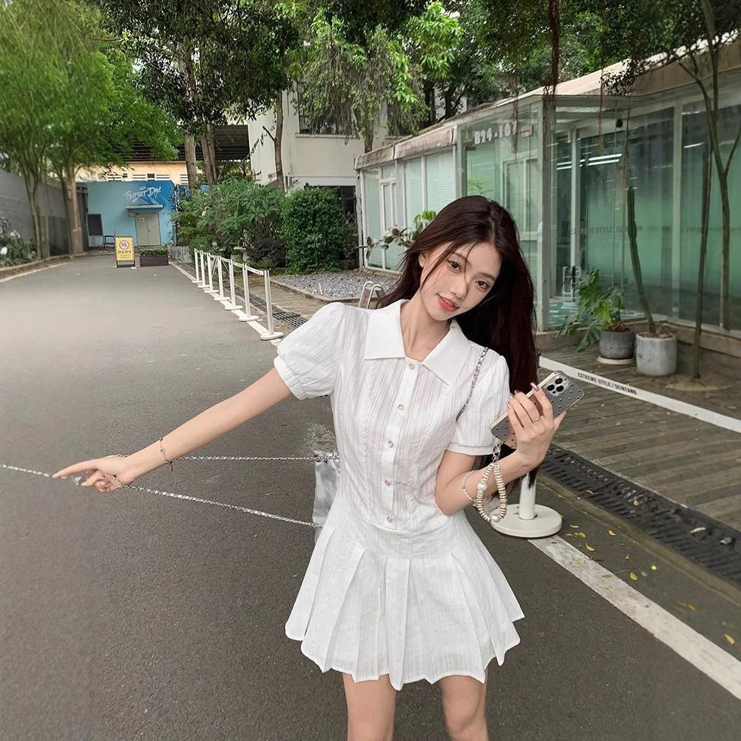 学院风白色泡泡袖衬衫连衣裙女2025夏季气质收腰小个子甜美短裙