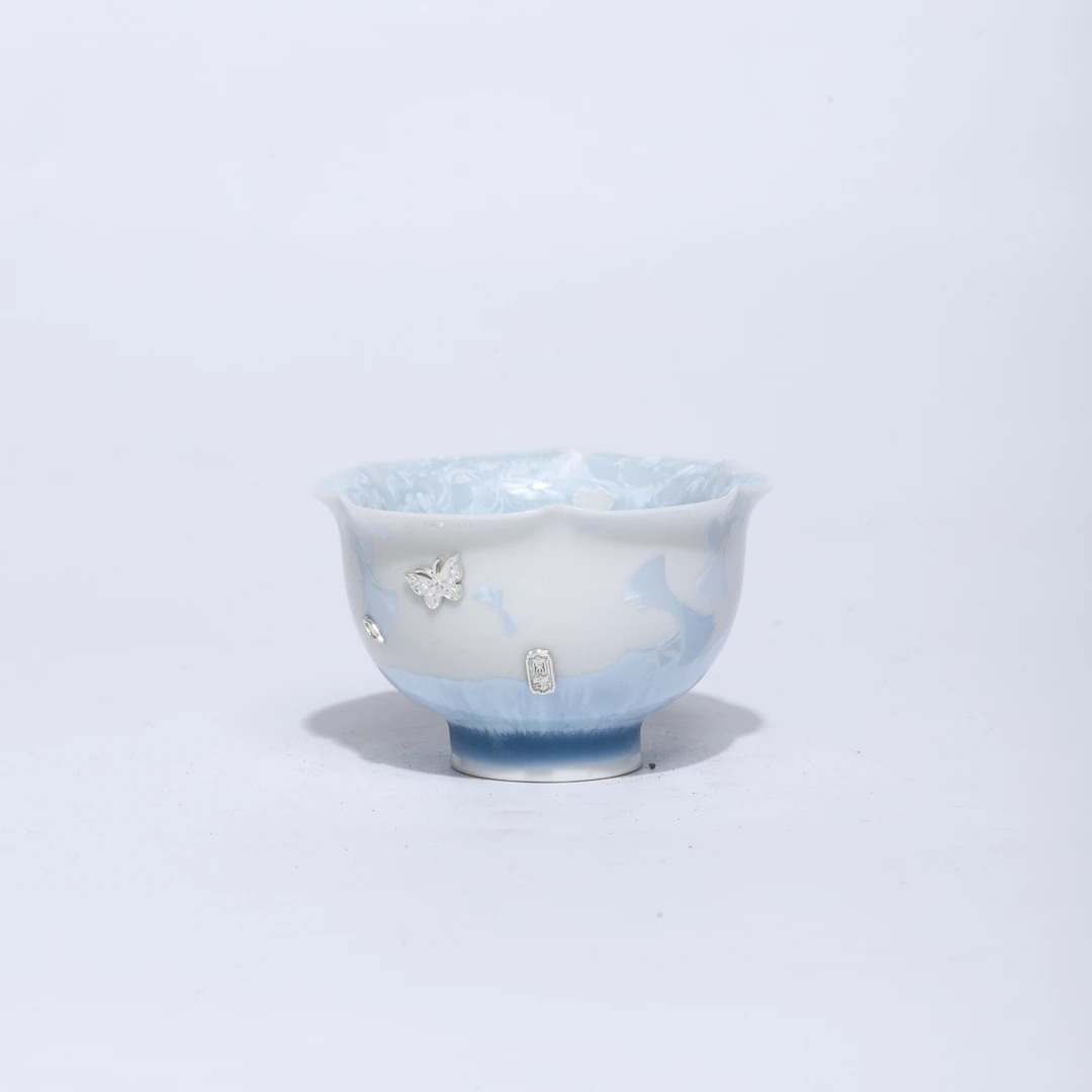 【非遗茶空间】璃墨白渐变蓝白结晶釉 花口杯  中式茶具 fl