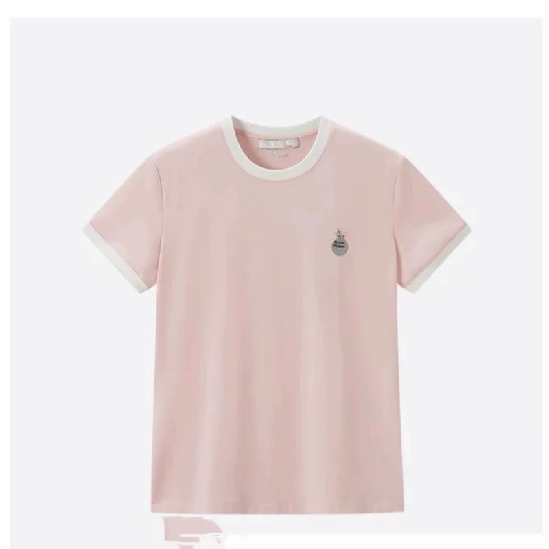 JUNJJ【贝尼朗】夏季新款设计感拼色领口字母刺绣圆领短袖t恤上衣