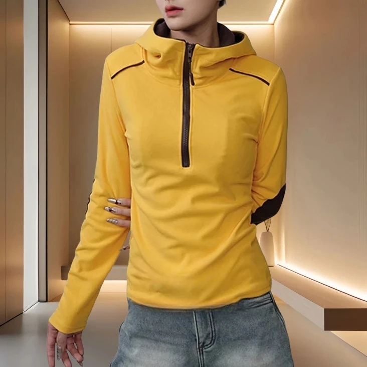 连帽洋气上衣保暖2025秋季新款百搭拼色半拉链长袖打底衫女