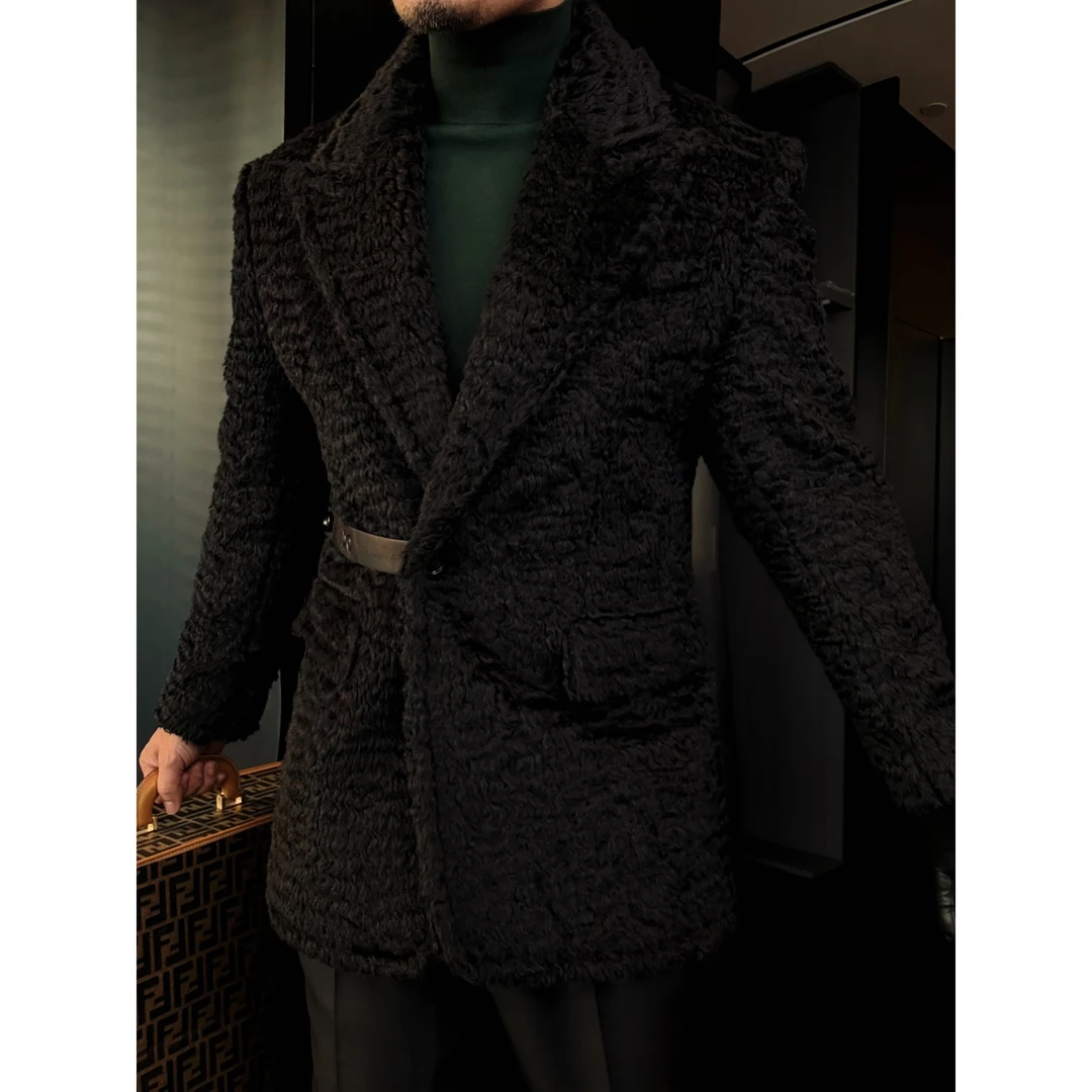 DRUNKCORNER 单排枪驳领水波纹皮袢西服男士加厚秋冬季