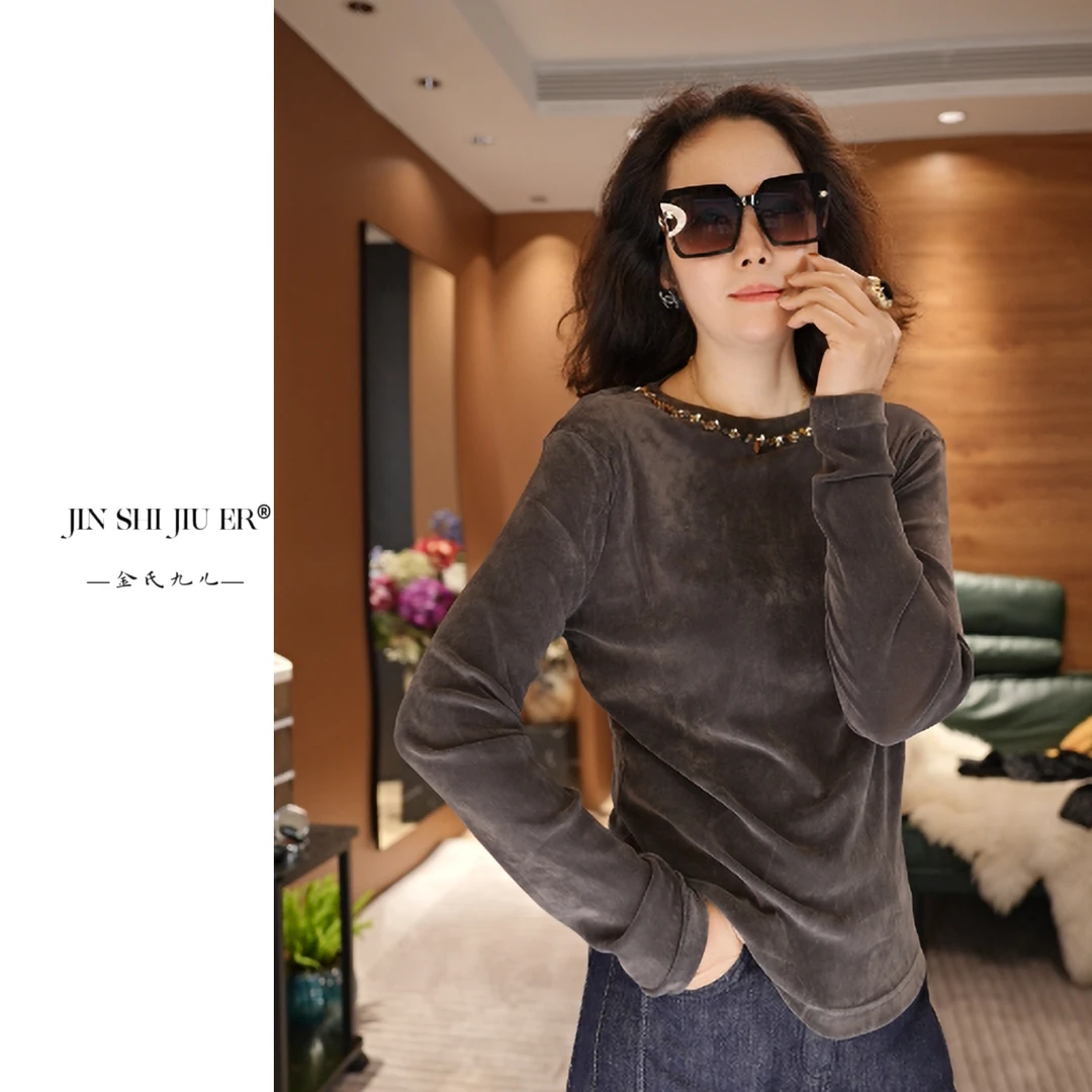JIUER植绒钉珠珠光纯色长袖T恤 时尚保暖圆领秋冬31301