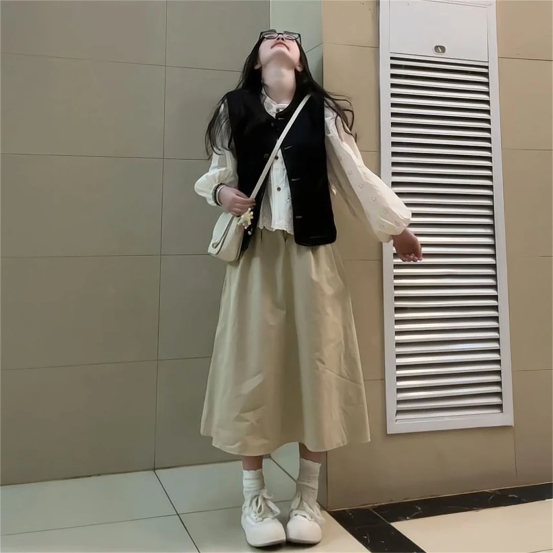 秋季韩版复古牛仔开衫马甲搭配白色衬衫显瘦半身长裙女三件套装