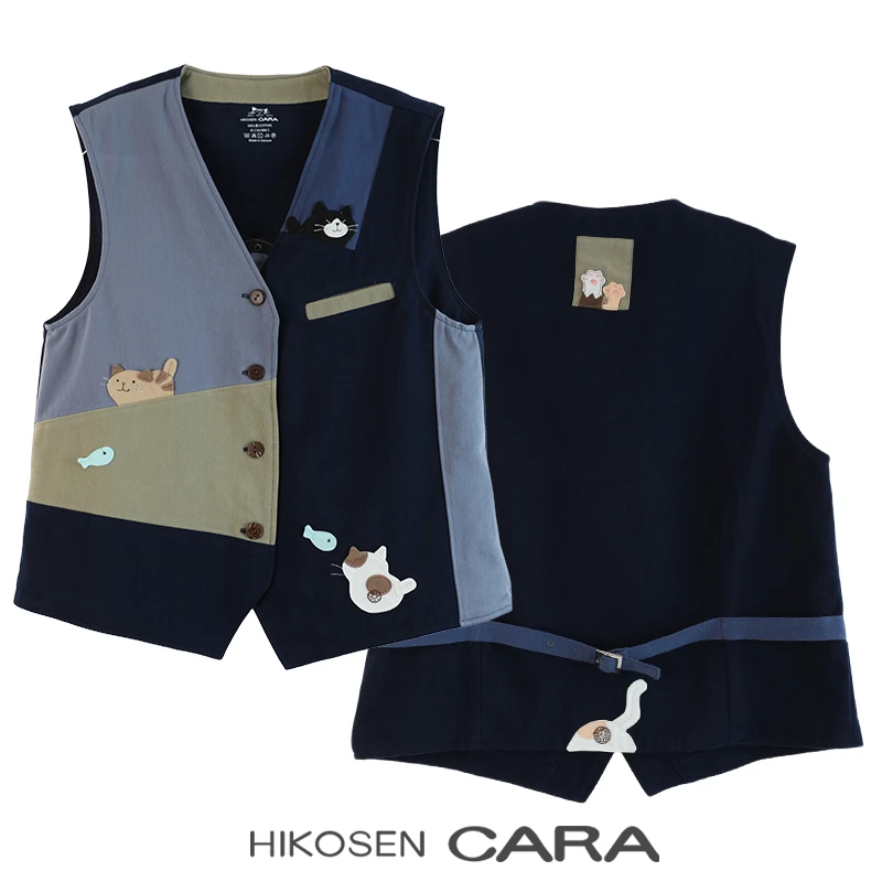 HIKOSEN CARA卡拉猫秋季日系马夹可爱猫咪贴布撞色女宽松背心外套