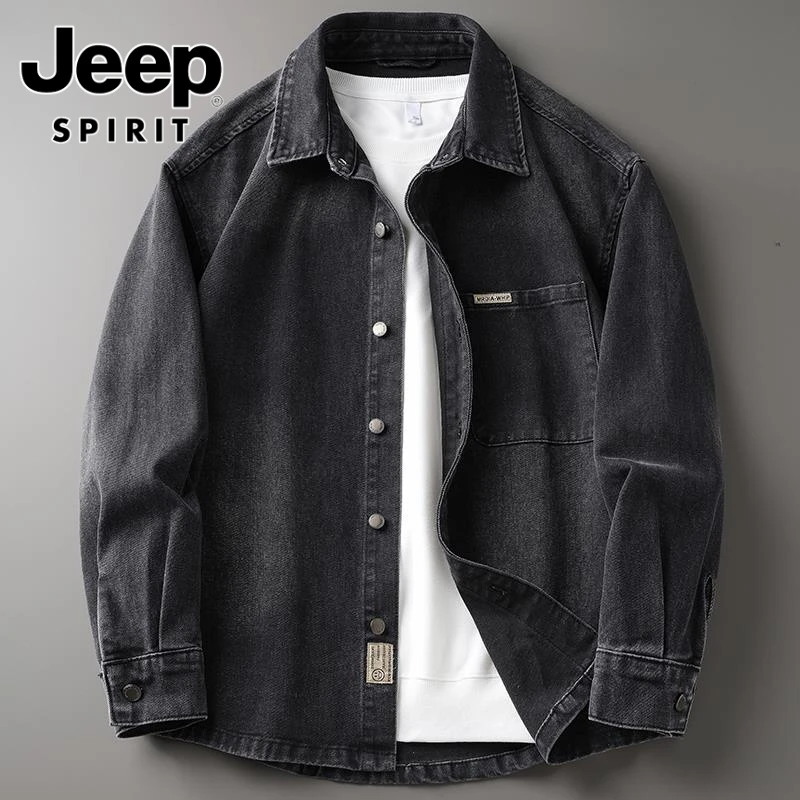 jeep吉普浅黑色牛仔衬衫男士春秋款美式潮牌纯色宽松大码水洗休闲