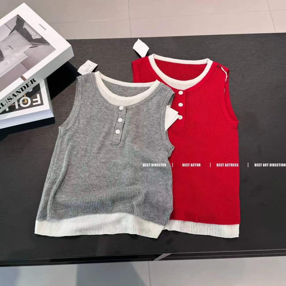 Q2787 螺纹弹力修身假两件丝针织背心