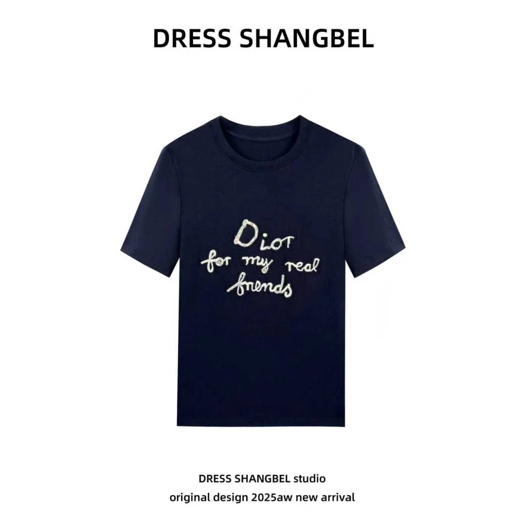 DRESS -2025夏季C71藏蓝色特色字母绣花T恤8008