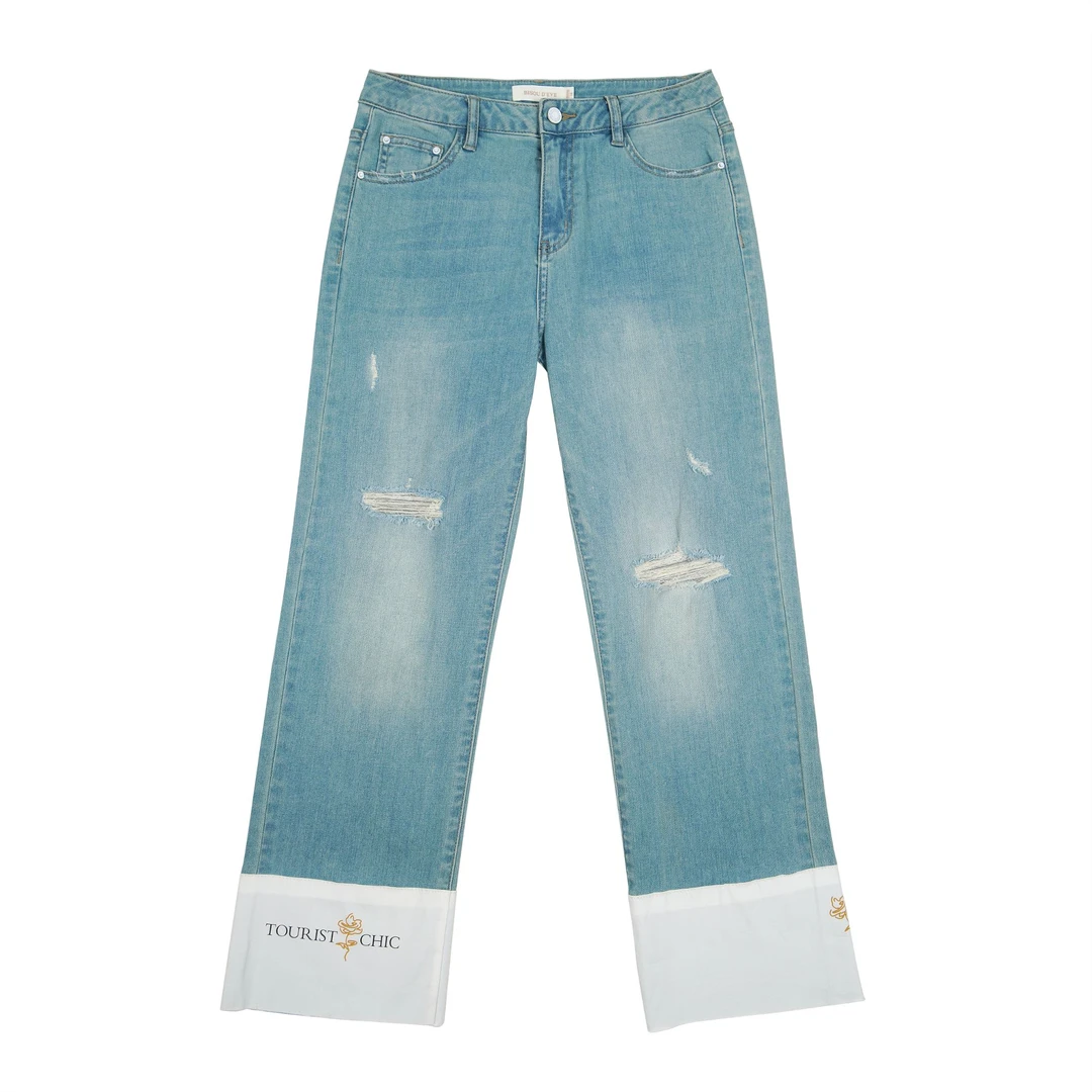 BM07101125脚口口拼白色布块牛仔裤直筒