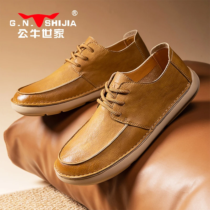 公牛世家春季新款复古低帮时尚百搭休闲男皮鞋软底潮流系带男士鞋