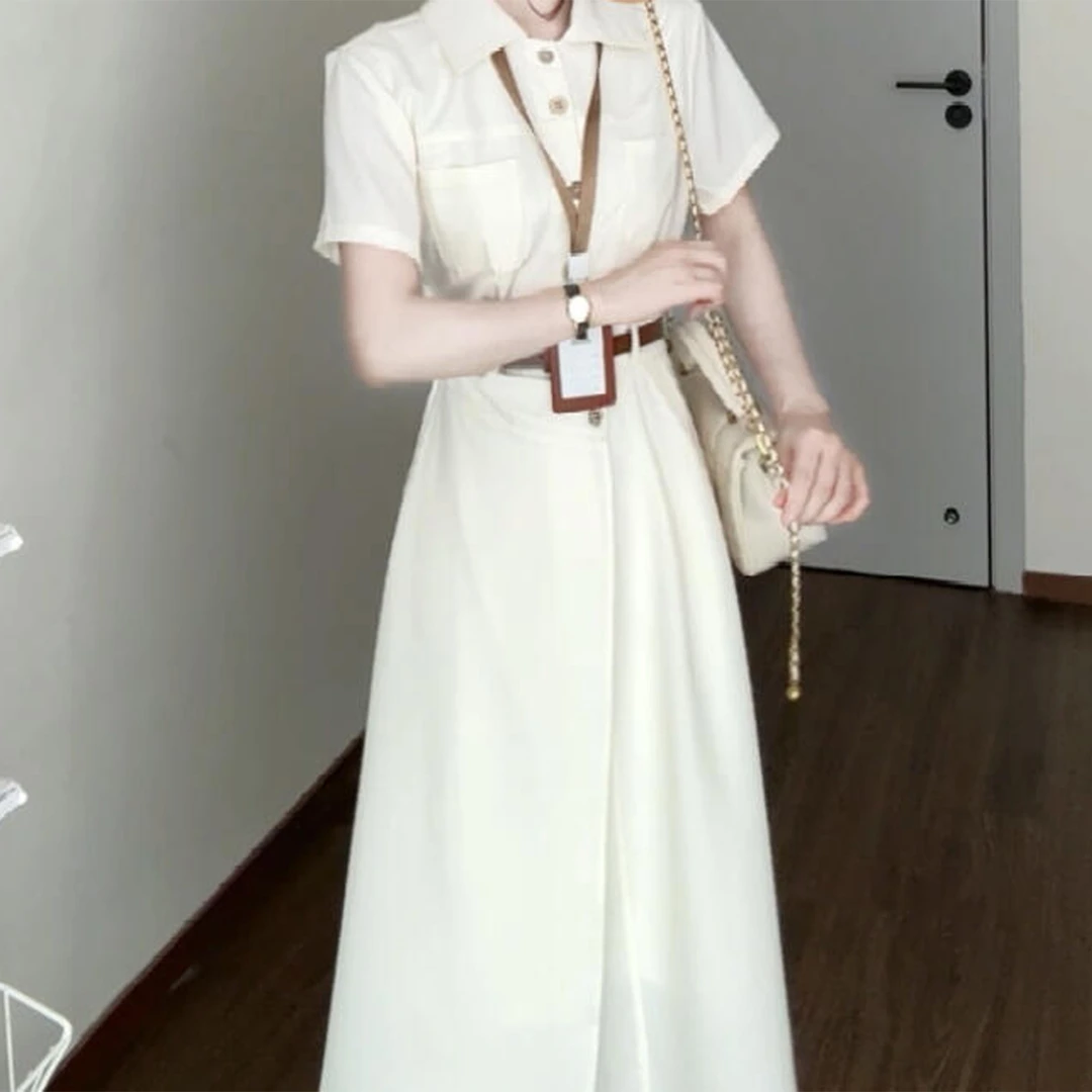 简单大方白色衬衫连衣裙子女装夏季2025新款小黑色长款修身连衣裙