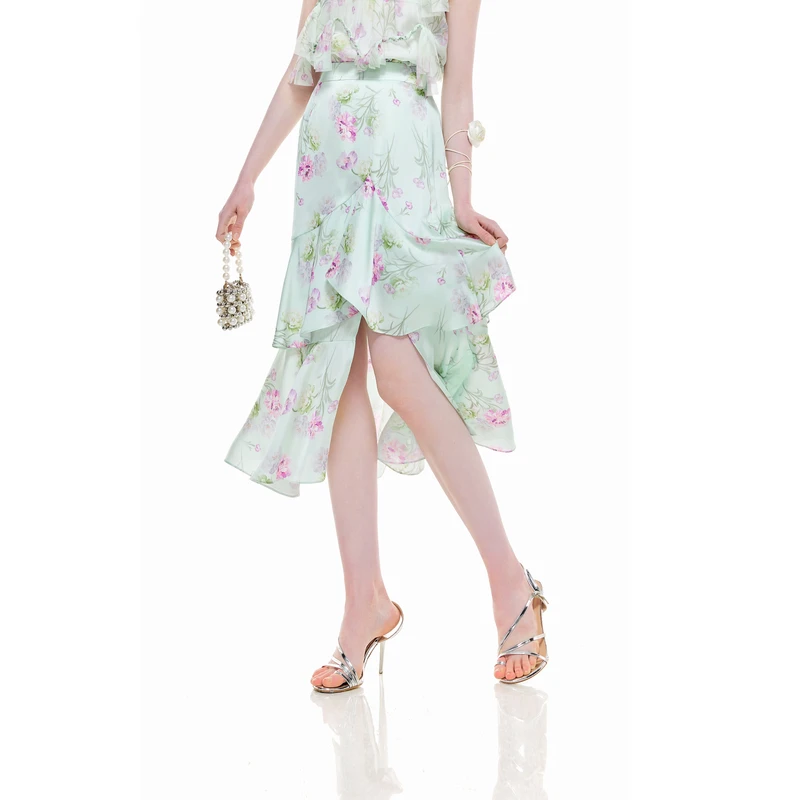 MISSCOCOON夏复古花卉荷叶边半身裙0158