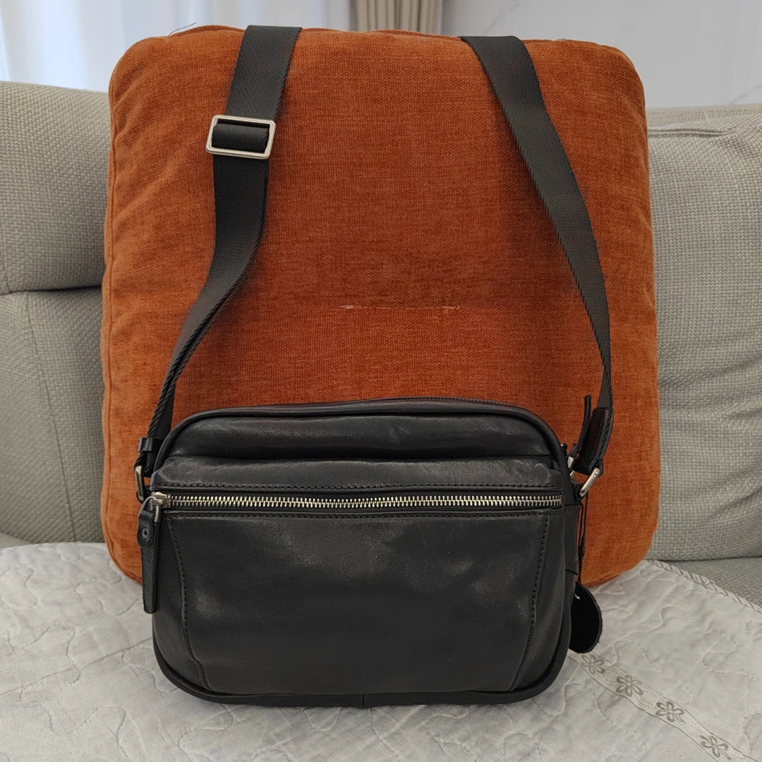 头层牛皮单肩包斜跨包斜挎包时尚简约百搭长26高18厚8黑色真皮