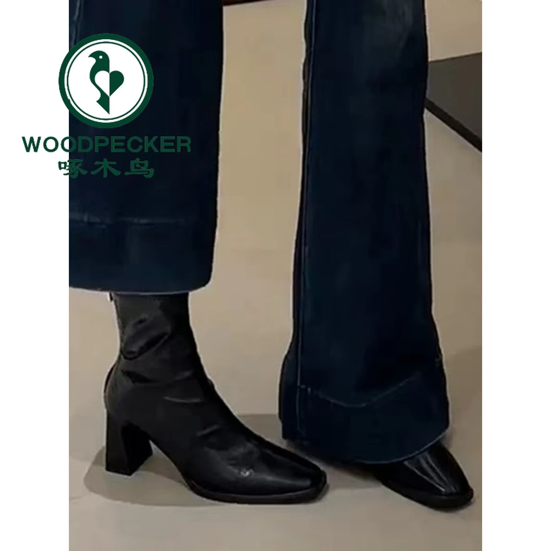 啄木鸟瘦瘦靴百搭粗跟黑色高跟短靴女秋冬款复古方头马丁靴女单靴