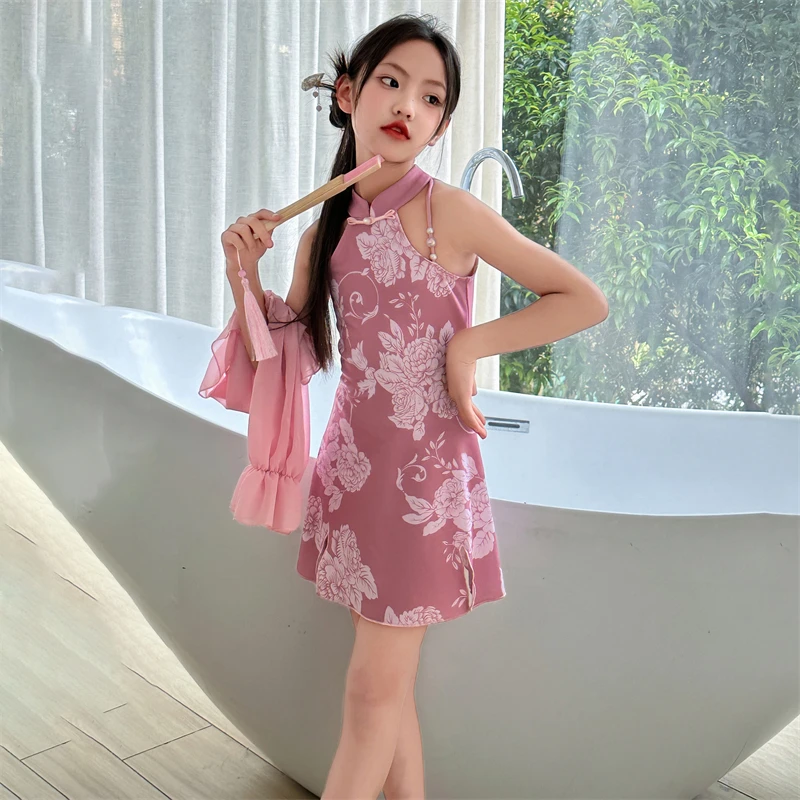 女童国风连体裙式泳衣夏装2025新款儿童新中式薄款度假泡温泉泳装