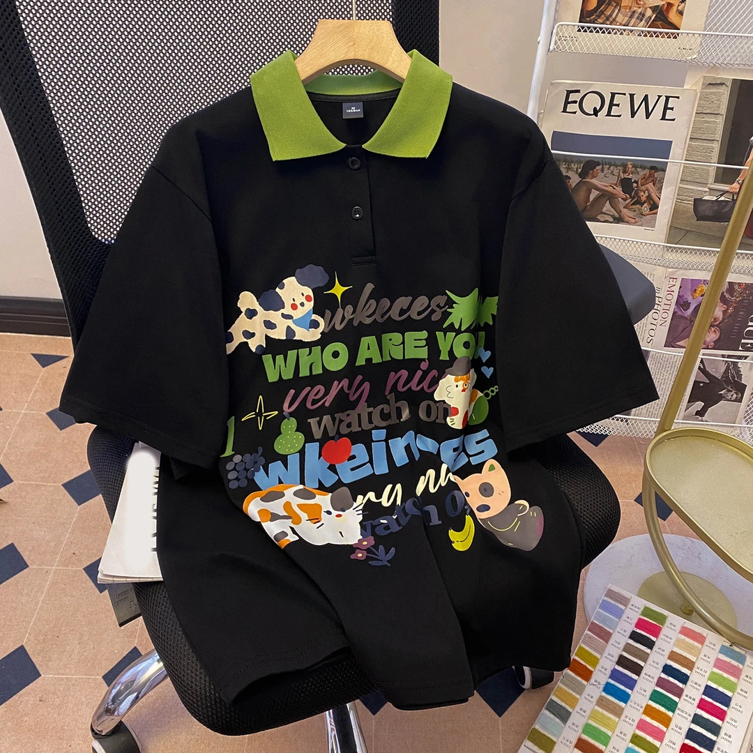 美式趣味卡通撞色polo领短袖t恤女夏季宽松学院风艺术生奶乖上衣