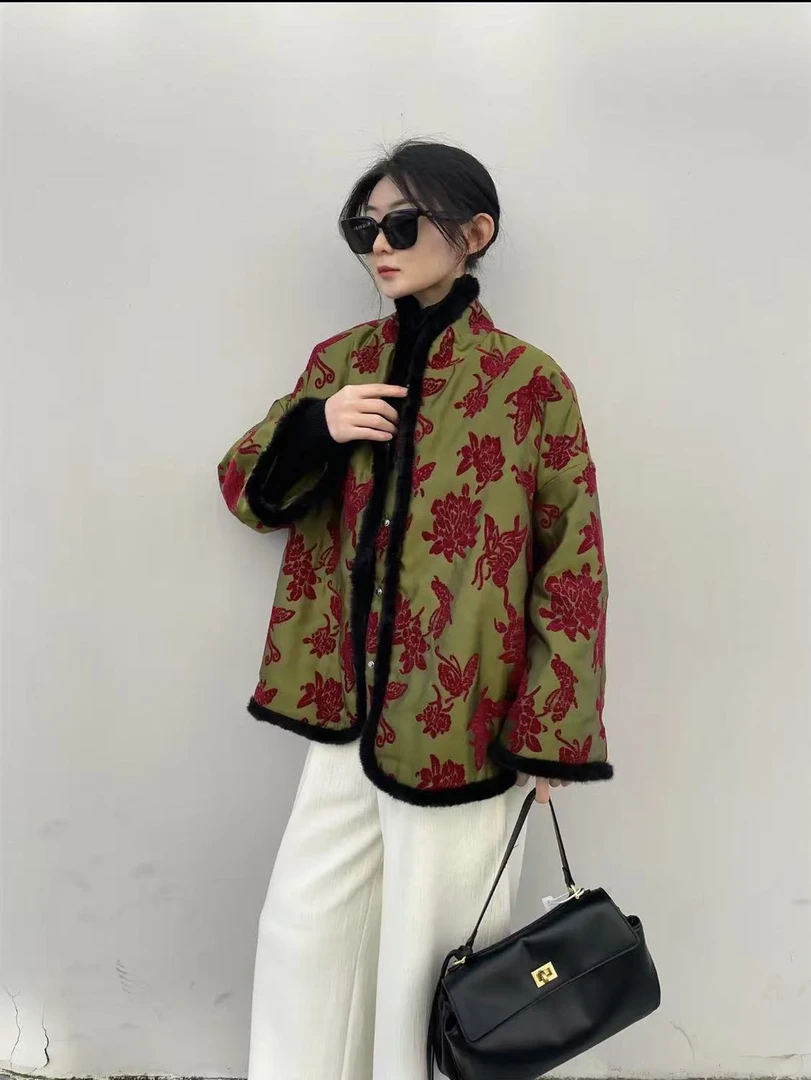 新中式漳绒段剪花立领棉 服外套禅意高端气质棉祆