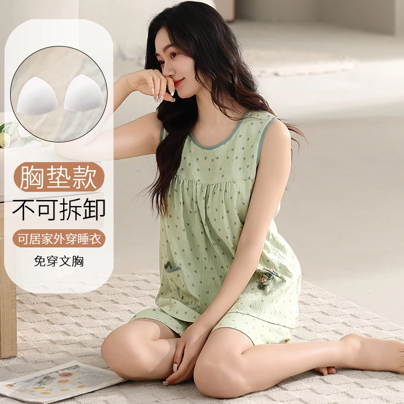 新款睡衣带胸垫女士夏季无袖背心短裤格子印花夏天大码家居服套装