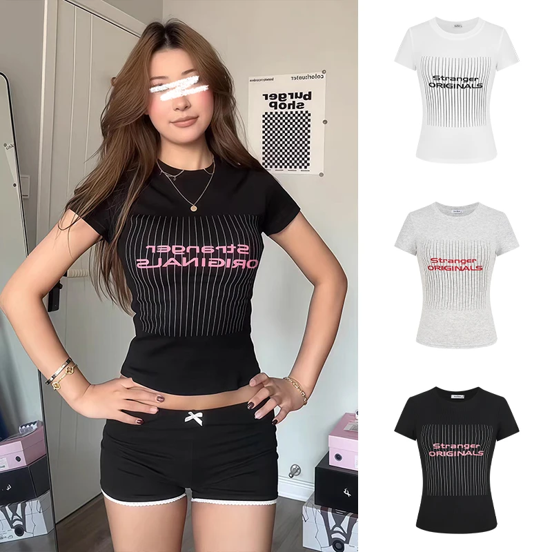 Moses Queen/魔西女王美式复古球服上衣英文字母印花显瘦修身T恤
