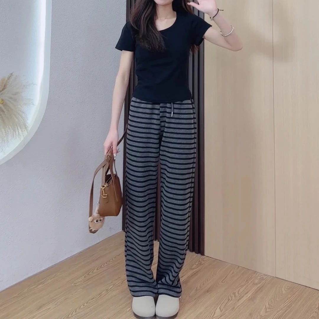 清货：140-158小个子复古条纹裤高腰宽松窄版显瘦慵懒休闲拖地裤