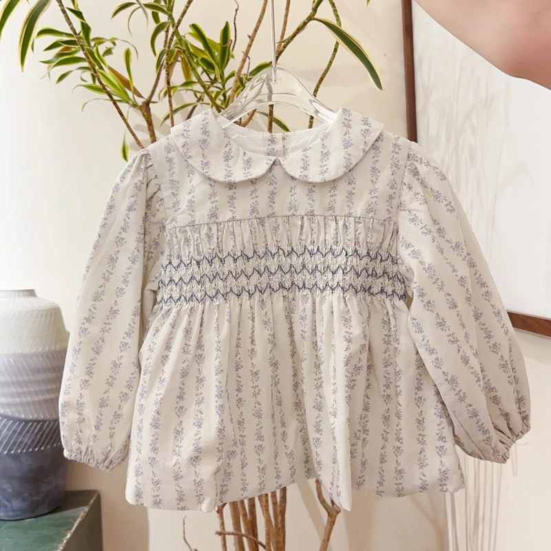 女童蓝色捏褶长袖娃娃领上衣1112943