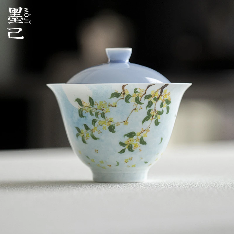 当代 墨己晴山蓝手绘桂影弄月陶瓷盖碗功夫茶具家用仿烫泡茶碗hH
