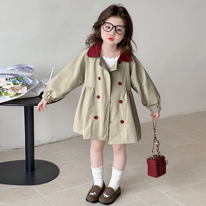 女童春秋翻领韩系双排扣风衣外套新款洋气时尚女宝中长款休闲上衣
