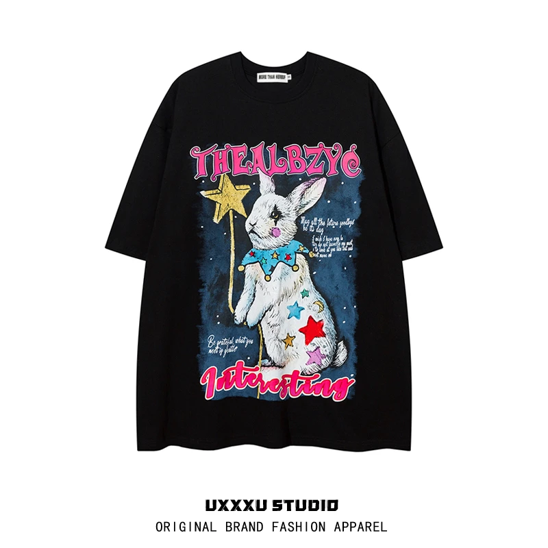 FOGOVER2025新款潮牌美式夏季小众兔子印花圆领短袖T恤男女情侣夏