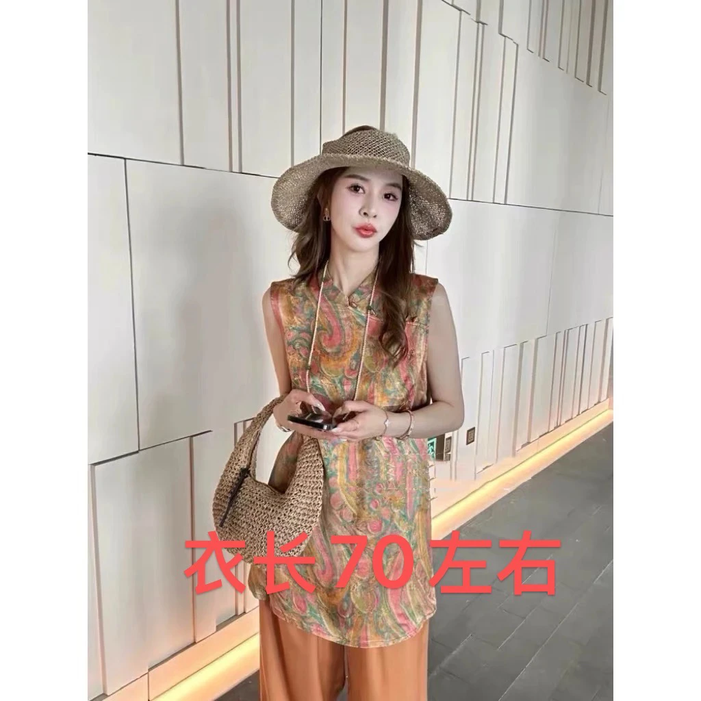 25171中式国风淡蓝色印花盘扣中长款短袖女装上衣