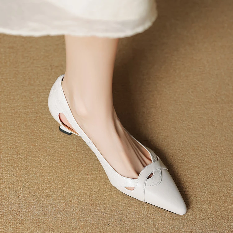 里外纯皮～羊皮5cm尖头法式百搭舒适时尚一脚蹬女气质中跟时装凉鞋