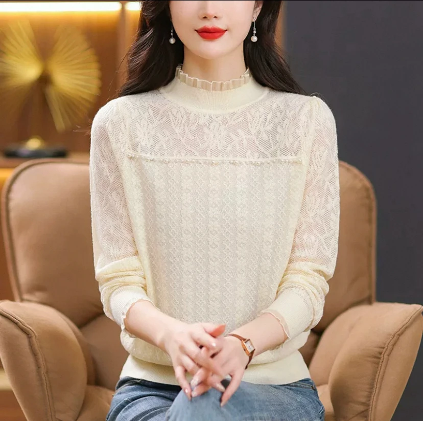 2025新款精纺春季打底衫女内搭圆领水晶时尚纱镂空长袖上衣