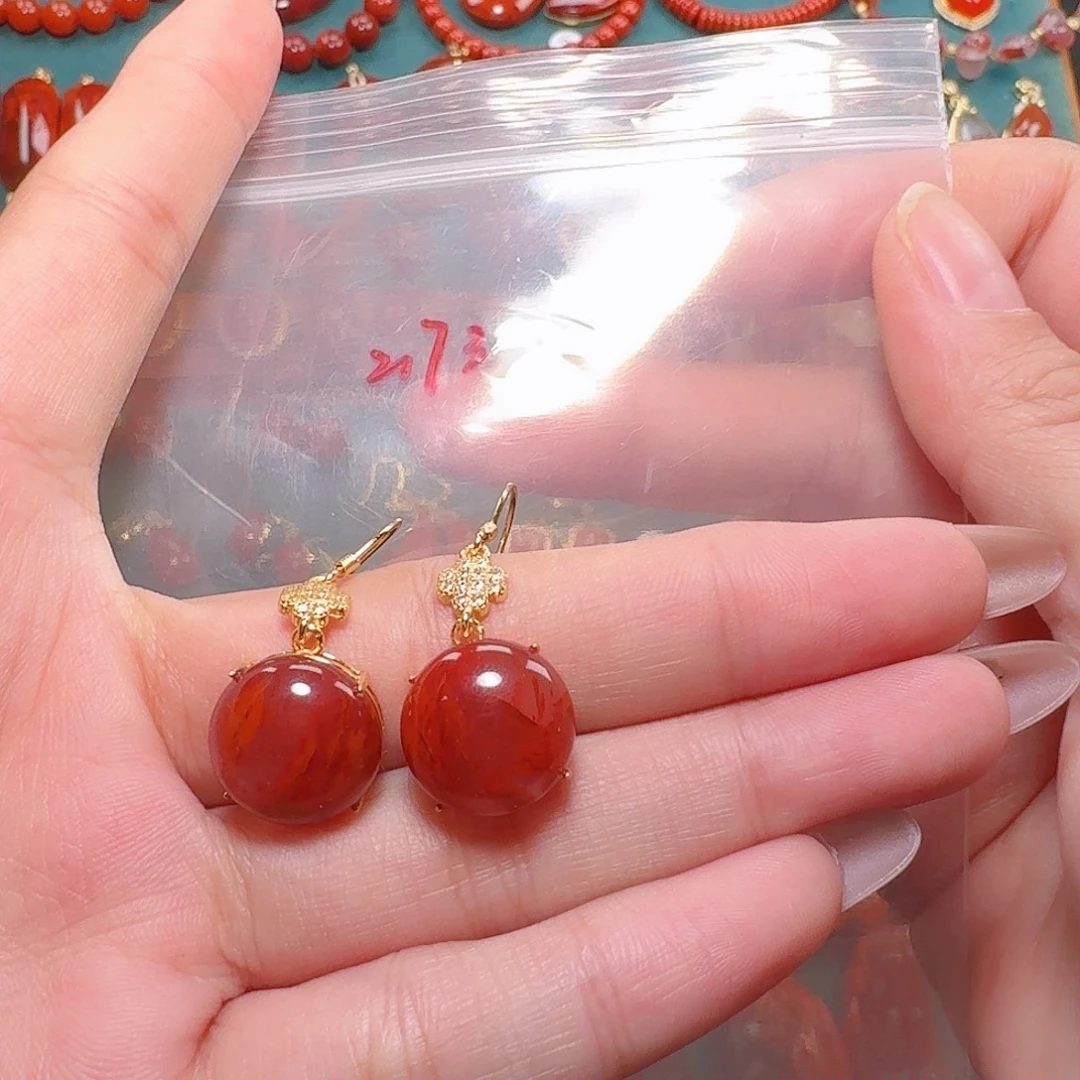 南红玛瑙银S925镶嵌耳饰