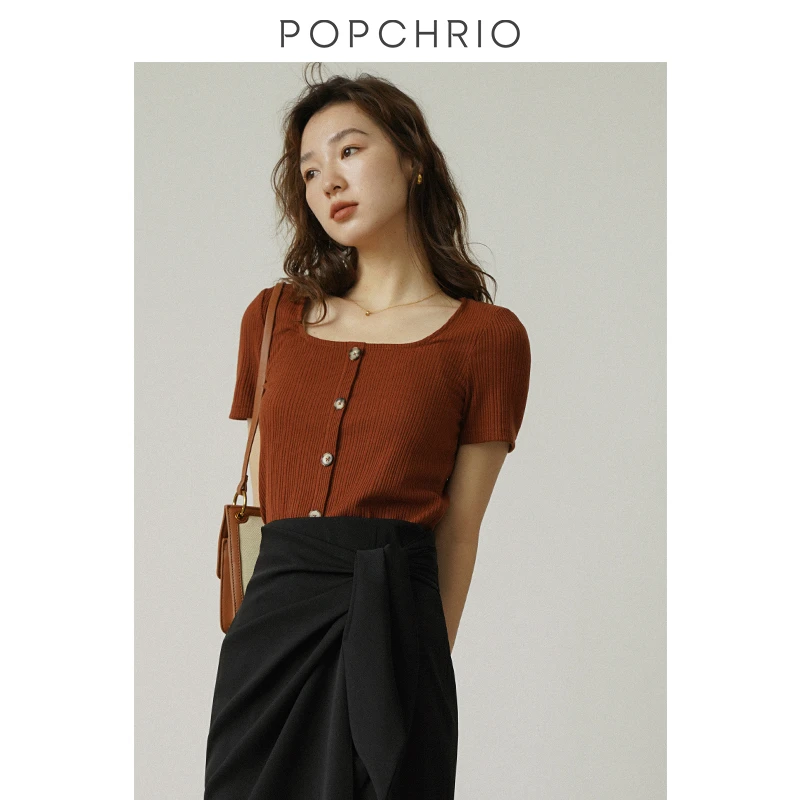POPCHRIO欧可芮◆法式气质方领修身短款锁骨上衣百搭短袖T恤女夏季