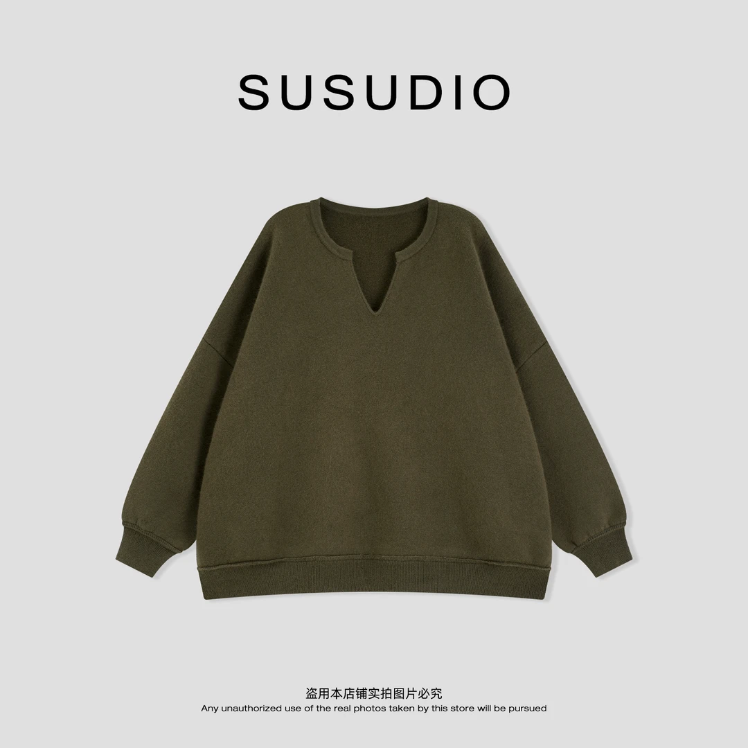 SUSUDIO  兔毛+绵羊毛 极简小V领冬季保暖软糯长袖毛衣  50248