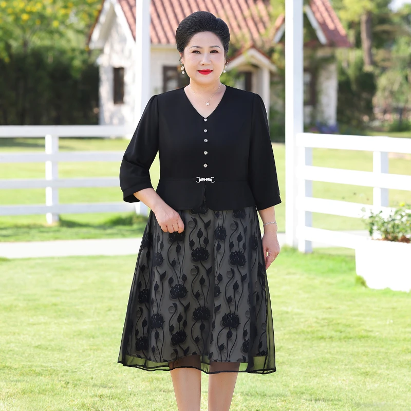 中年妈妈假两件春秋连衣裙新款母亲节服装高贵气质阔太太裙子女
