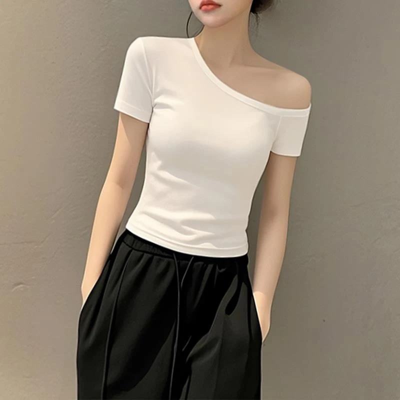 夏季新款白色一字斜领露肩短袖T恤女半袖修身紧身针织薄款上衣服
