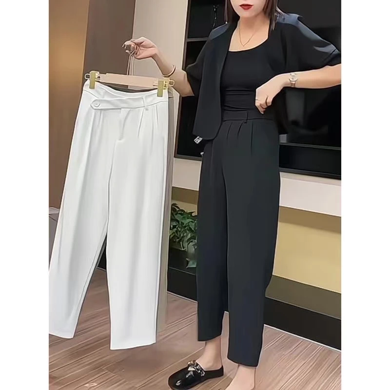 2025夏季高腰九分休闲裤女新款宽松百搭垂感显瘦小个子西装哈伦裤