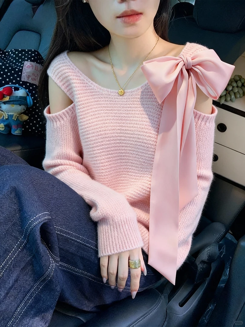 法式系带蝴蝶结温柔风毛针织衫女2025秋冬季粉色甜美减龄露肩毛衣