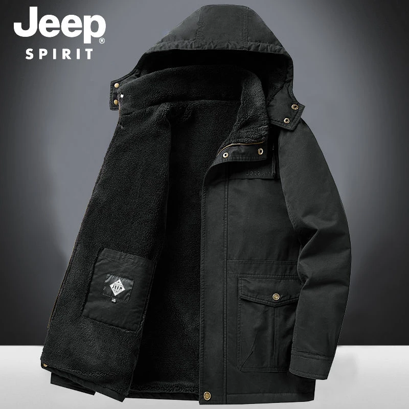 JEEPSPIRIT连帽可脱卸领保暖中长款棉衣棉服加绒大码宽松硬汉风