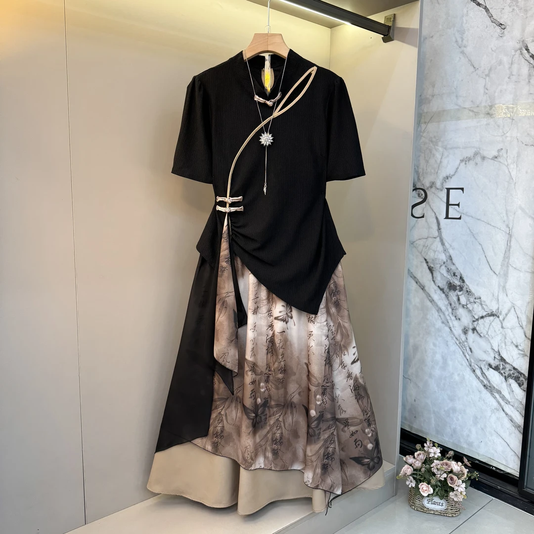 新中式盘扣复古风2025气质时尚别致上衣+显瘦遮肉裙俩件套2407