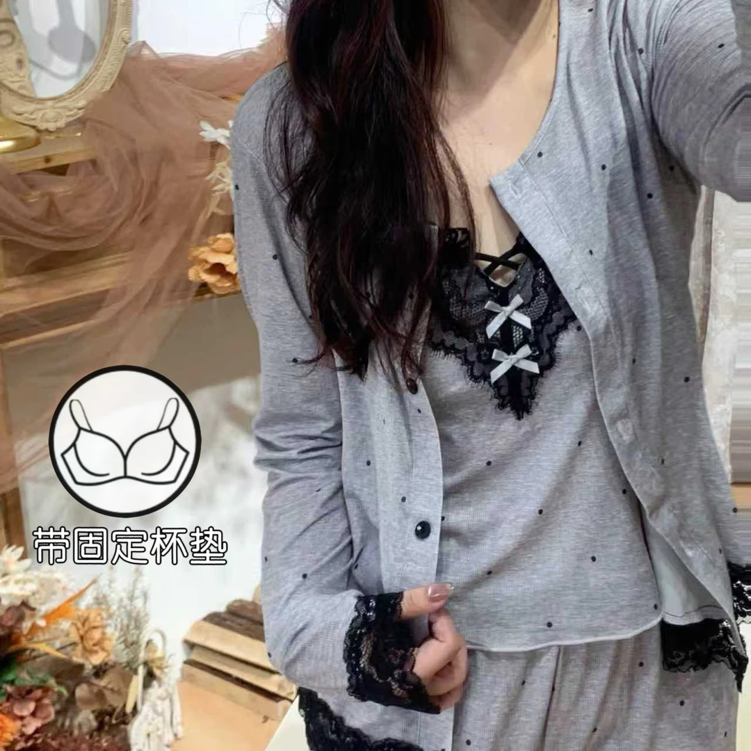 浪漫春天波点蕾丝吊带长袖三件套带杯垫睡衣女款爆款2025新款2554