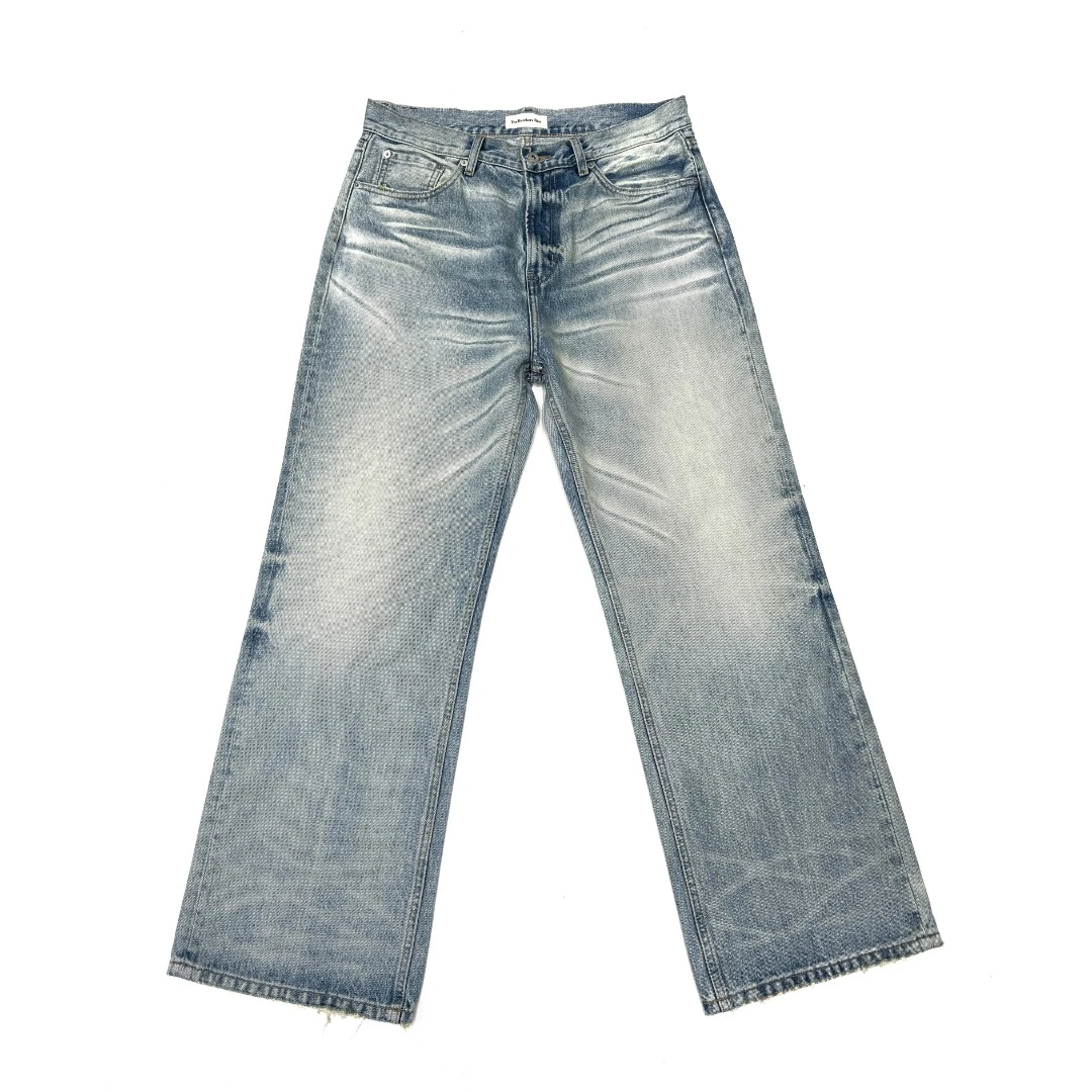 TBR奶油蓝水洗做旧宽松直筒牛仔裤自然猫须蜂窝cleanfit长裤