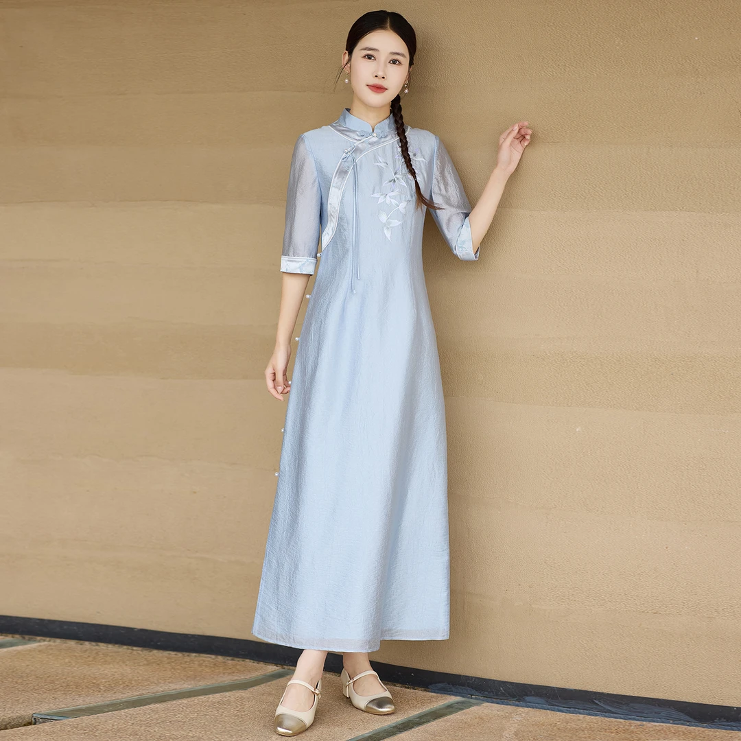 H223旗袍女新中式连衣裙夏女2025新款国风女装轻奢高级感刺绣裙子