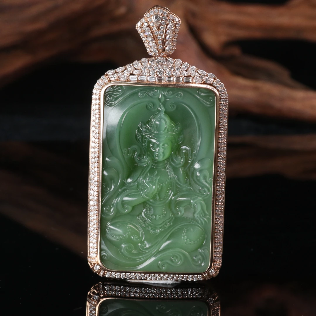 41和田玉碧玉猫眼观音牌（张良作）/500910上海嘉禾拍卖