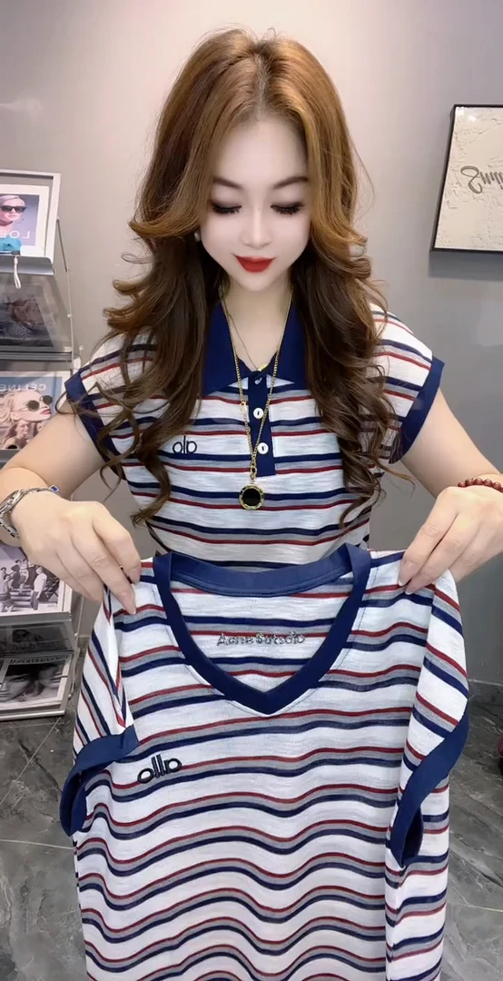 夏装刺绣圆领翻领T恤短袖修身极简风ol显瘦条纹