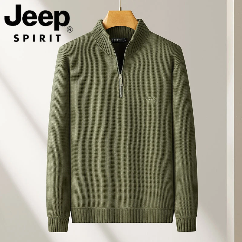 JEEP吉普冬季加绒毛衣男士半拉链休闲宽松保暖外套爸爸半高领毛衣